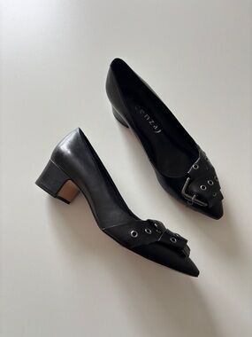 Vicenza Black Leather Pointed Block Heel Pumps with Buckle